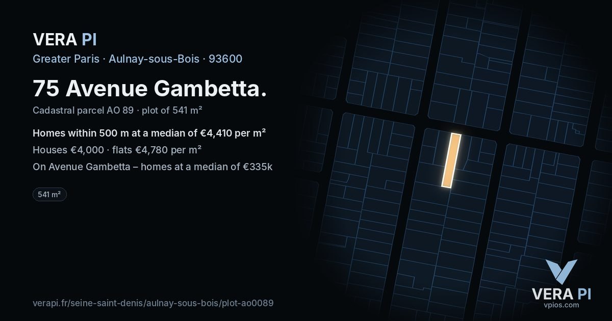 75 Avenue Gambetta, Aulnay-sous-Bois at night – the plot lit, the parcels around coloured by the prices near them