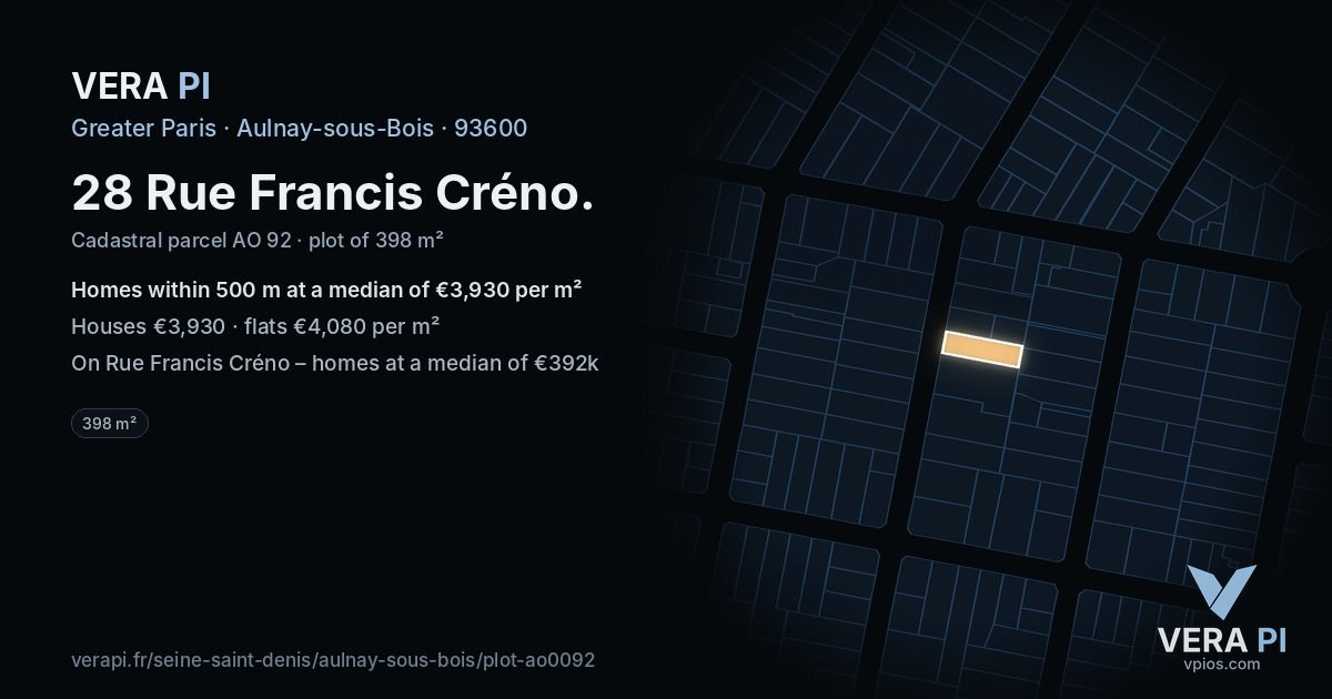 28 Rue Francis Créno, Aulnay-sous-Bois at night – the plot lit, the parcels around coloured by the prices near them