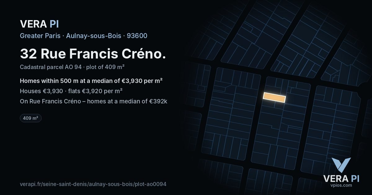 32 Rue Francis Créno, Aulnay-sous-Bois at night – the plot lit, the parcels around coloured by the prices near them