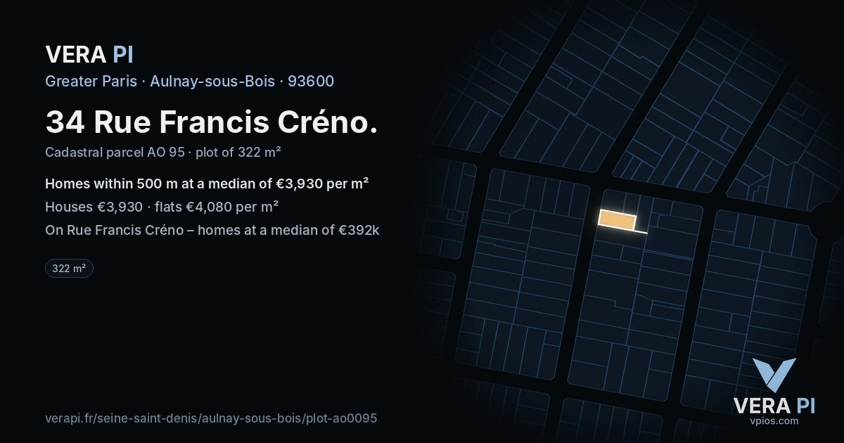 34 Rue Francis Créno, Aulnay-sous-Bois at night – the plot lit, the parcels around coloured by the prices near them
