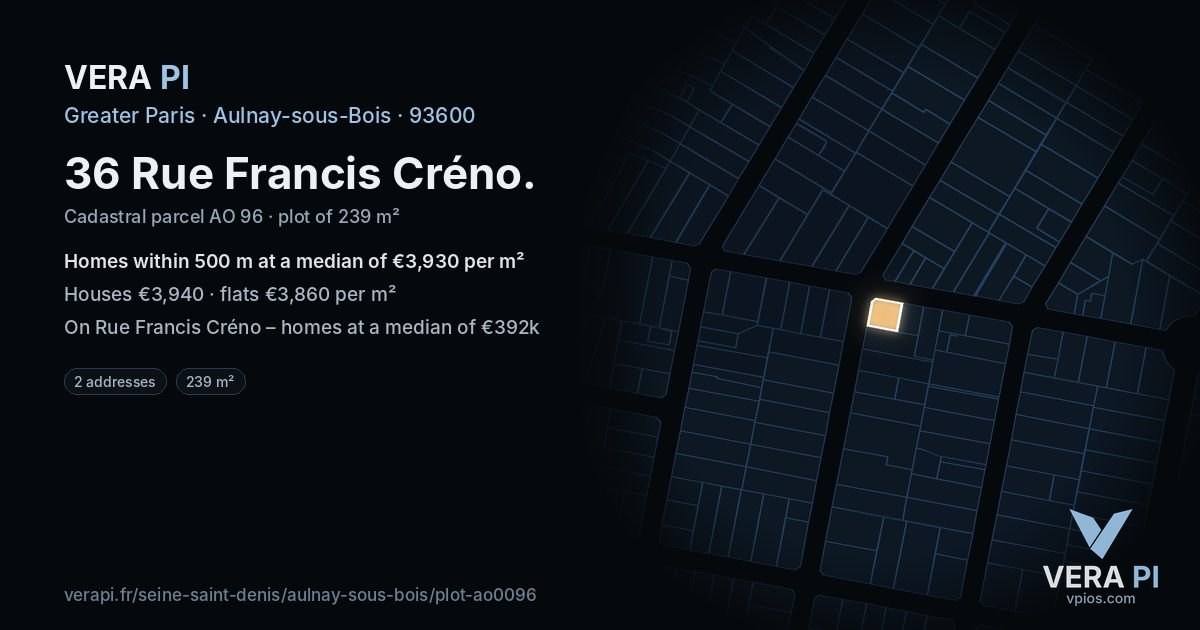 36 Rue Francis Créno, Aulnay-sous-Bois at night – the plot lit, the parcels around coloured by the prices near them