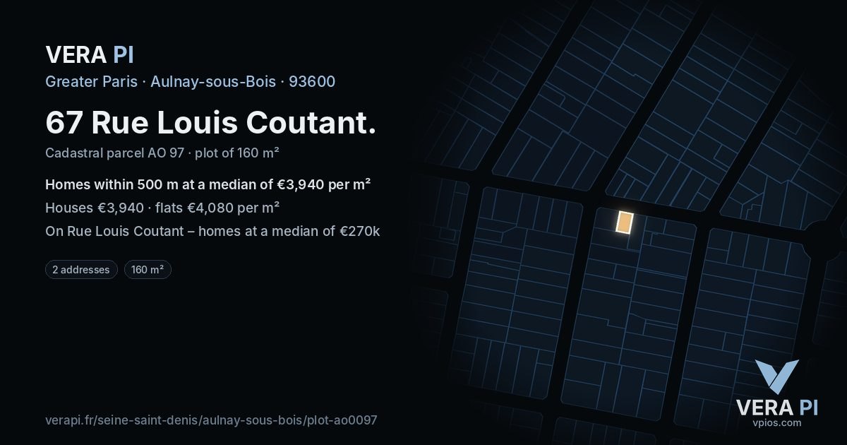 67 Rue Louis Coutant, Aulnay-sous-Bois at night – the plot lit, the parcels around coloured by the prices near them