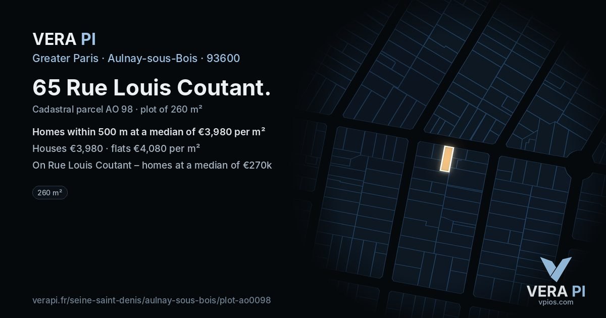 65 Rue Louis Coutant, Aulnay-sous-Bois at night – the plot lit, the parcels around coloured by the prices near them