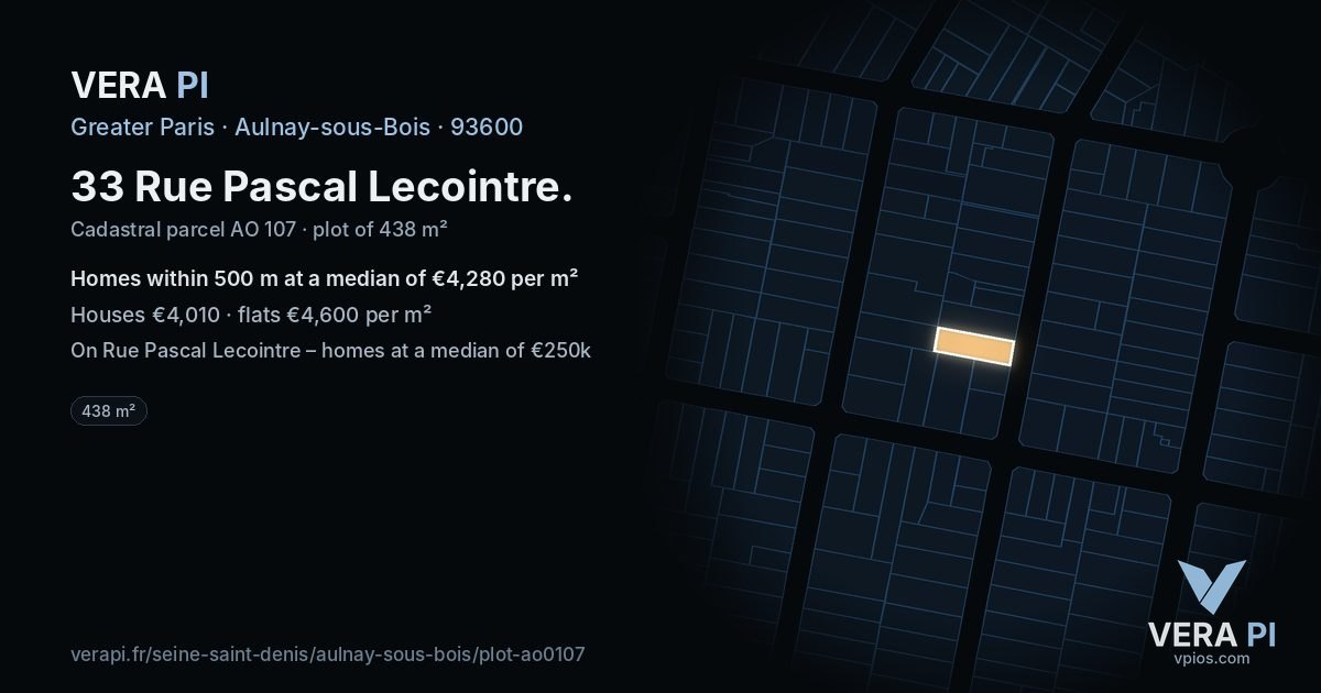 33 Rue Pascal Lecointre, Aulnay-sous-Bois at night – the plot lit, the parcels around coloured by the prices near them