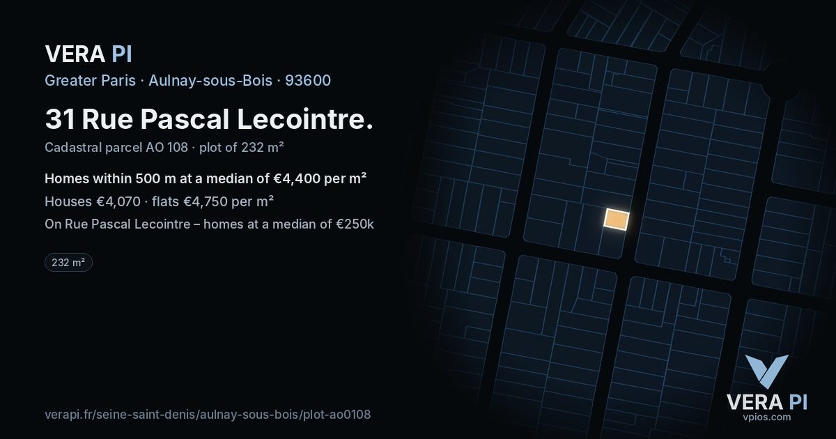 31 Rue Pascal Lecointre, Aulnay-sous-Bois at night – the plot lit, the parcels around coloured by the prices near them