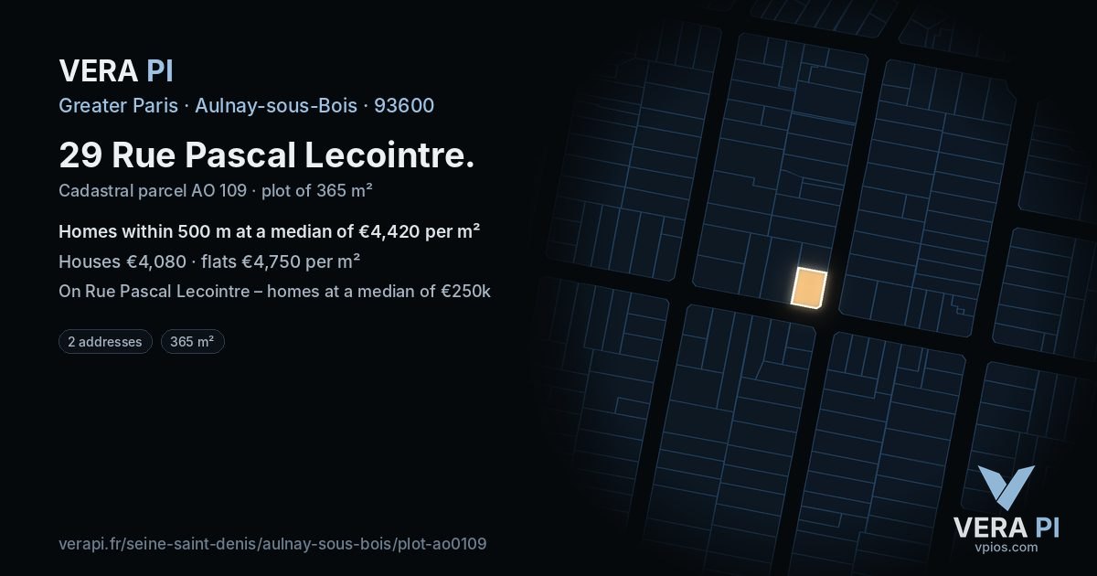 29 Rue Pascal Lecointre, Aulnay-sous-Bois at night – the plot lit, the parcels around coloured by the prices near them