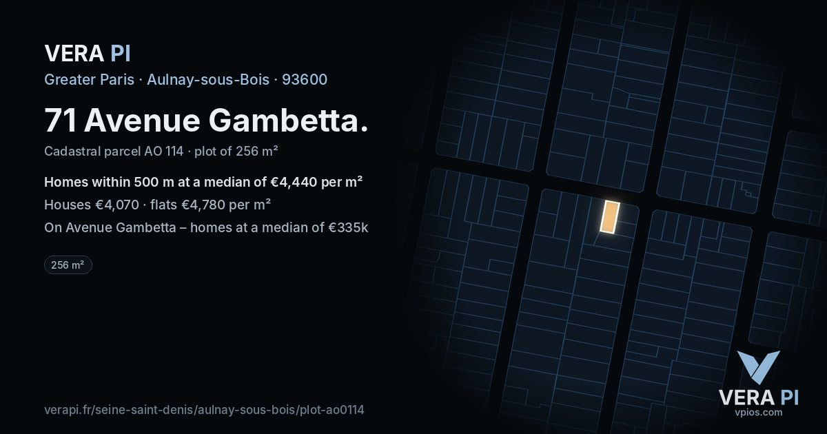 71 Avenue Gambetta, Aulnay-sous-Bois at night – the plot lit, the parcels around coloured by the prices near them