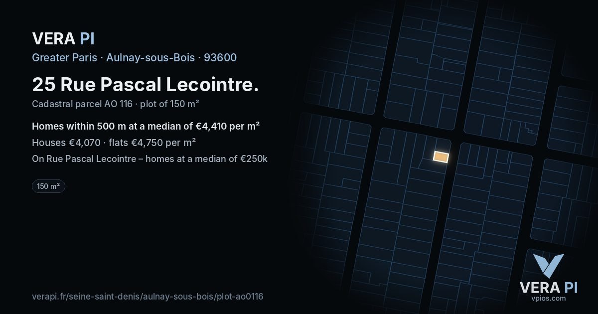25 Rue Pascal Lecointre, Aulnay-sous-Bois at night – the plot lit, the parcels around coloured by the prices near them