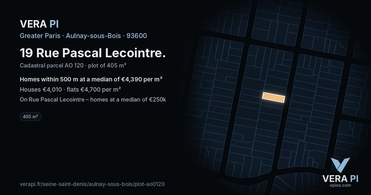 19 Rue Pascal Lecointre, Aulnay-sous-Bois at night – the plot lit, the parcels around coloured by the prices near them