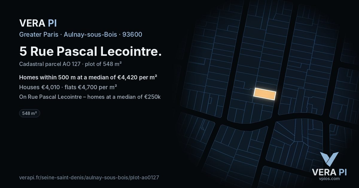 5 Rue Pascal Lecointre, Aulnay-sous-Bois at night – the plot lit, the parcels around coloured by the prices near them