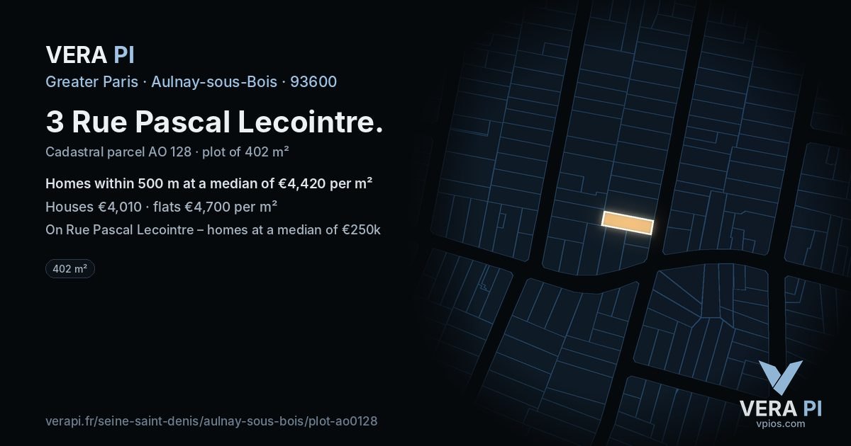 3 Rue Pascal Lecointre, Aulnay-sous-Bois at night – the plot lit, the parcels around coloured by the prices near them