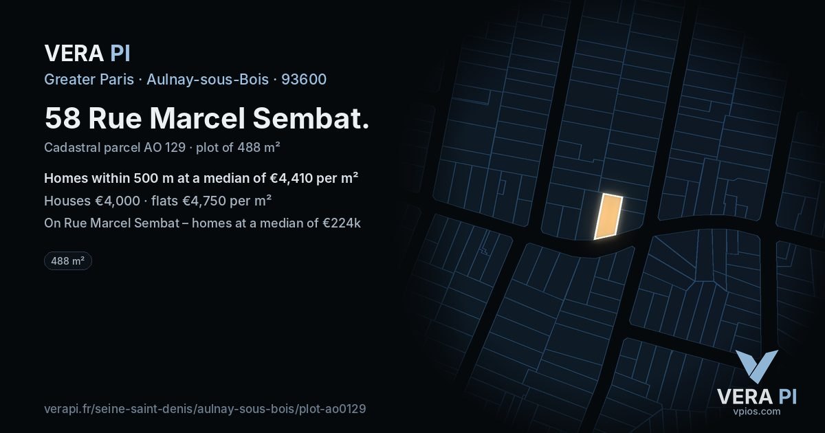 58 Rue Marcel Sembat, Aulnay-sous-Bois at night – the plot lit, the parcels around coloured by the prices near them