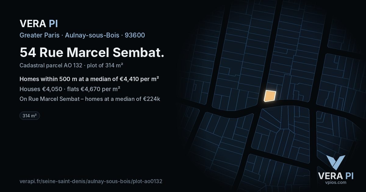 54 Rue Marcel Sembat, Aulnay-sous-Bois at night – the plot lit, the parcels around coloured by the prices near them