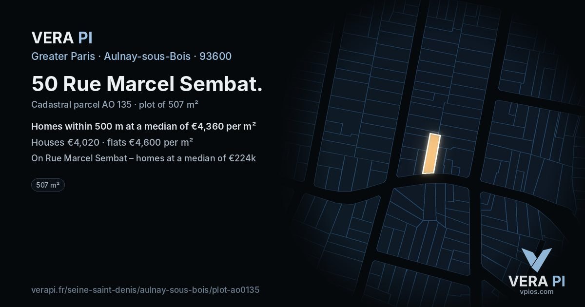 50 Rue Marcel Sembat, Aulnay-sous-Bois at night – the plot lit, the parcels around coloured by the prices near them