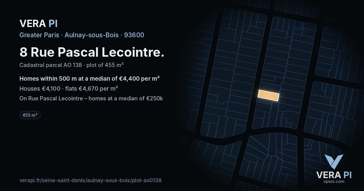 8 Rue Pascal Lecointre, Aulnay-sous-Bois at night – the plot lit, the parcels around coloured by the prices near them