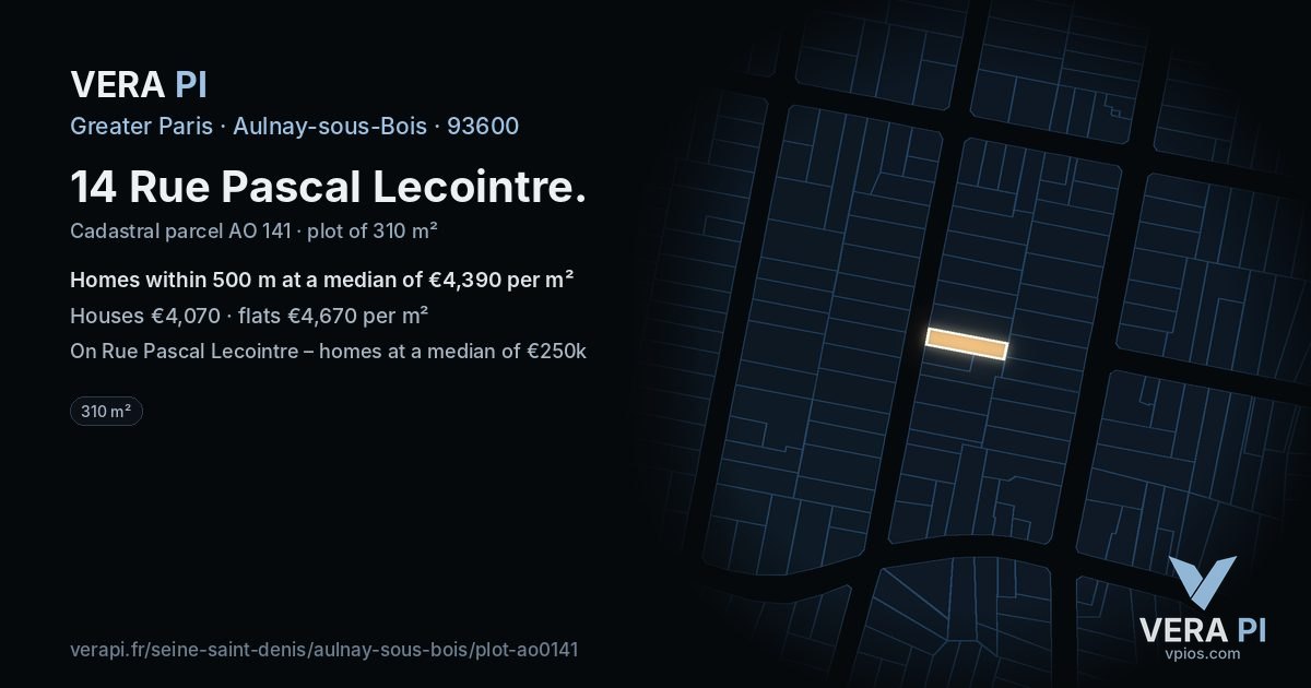 14 Rue Pascal Lecointre, Aulnay-sous-Bois at night – the plot lit, the parcels around coloured by the prices near them