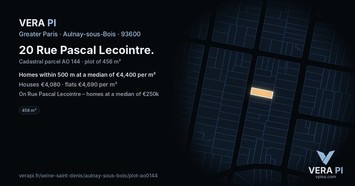 20 Rue Pascal Lecointre, Aulnay-sous-Bois at night – the plot lit, the parcels around coloured by the prices near them
