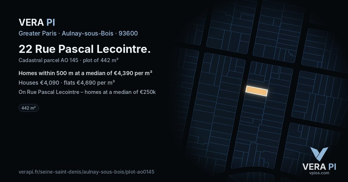 22 Rue Pascal Lecointre, Aulnay-sous-Bois at night – the plot lit, the parcels around coloured by the prices near them