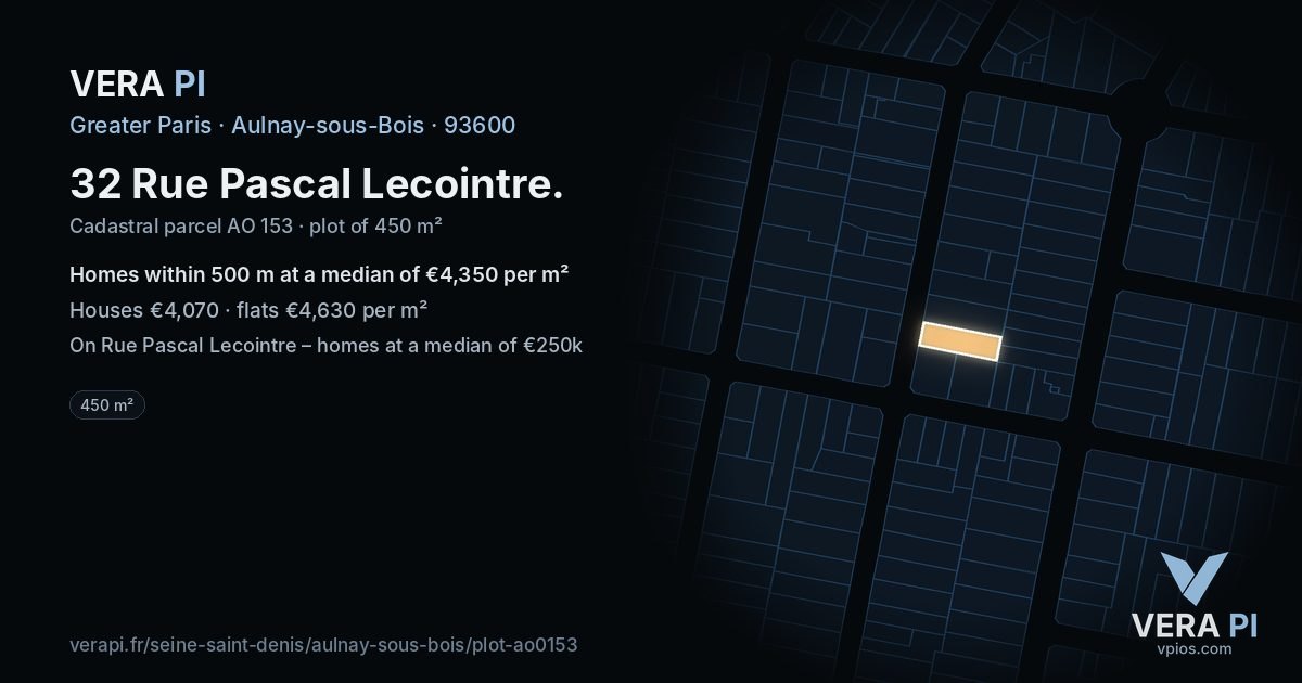 32 Rue Pascal Lecointre, Aulnay-sous-Bois at night – the plot lit, the parcels around coloured by the prices near them