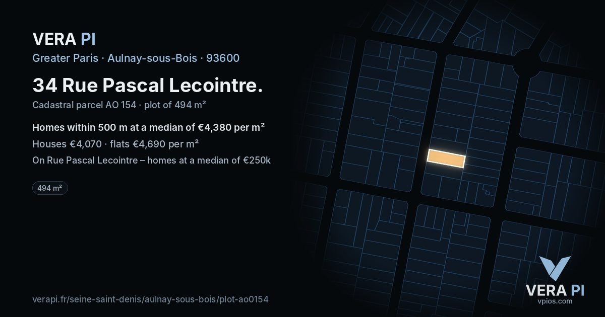 34 Rue Pascal Lecointre, Aulnay-sous-Bois at night – the plot lit, the parcels around coloured by the prices near them