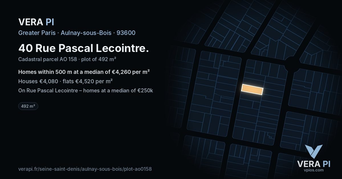 40 Rue Pascal Lecointre, Aulnay-sous-Bois at night – the plot lit, the parcels around coloured by the prices near them