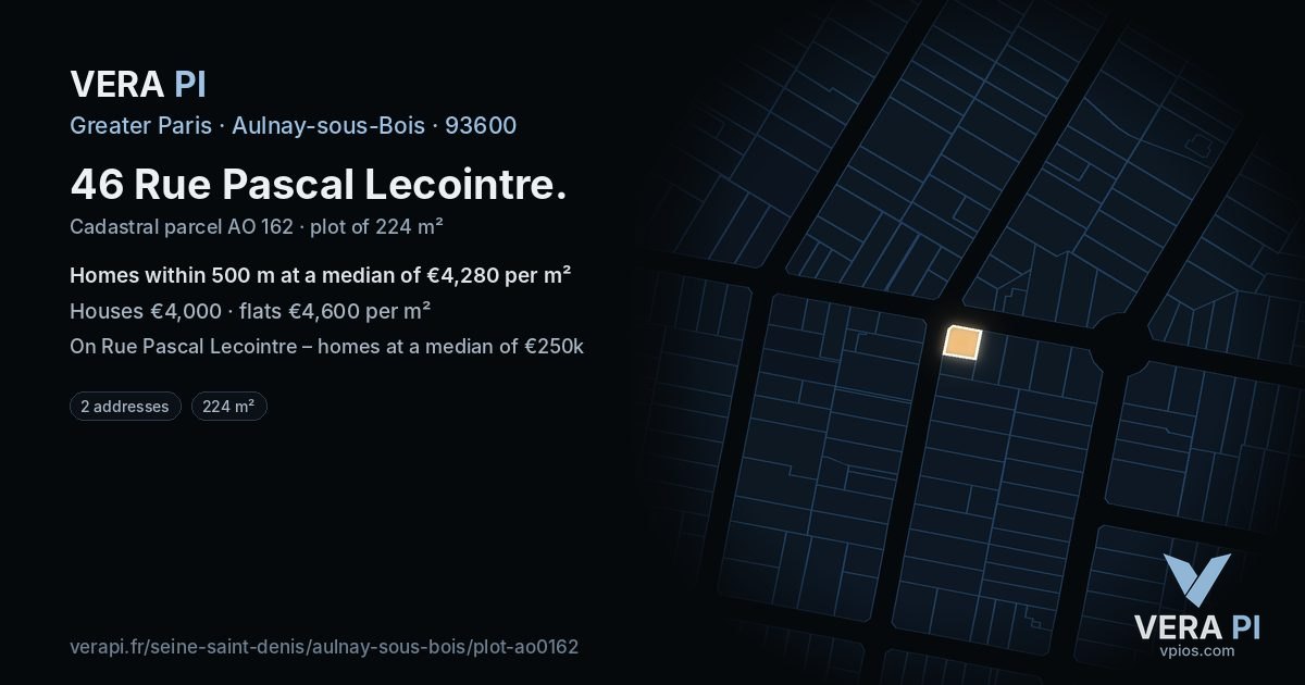 46 Rue Pascal Lecointre, Aulnay-sous-Bois at night – the plot lit, the parcels around coloured by the prices near them
