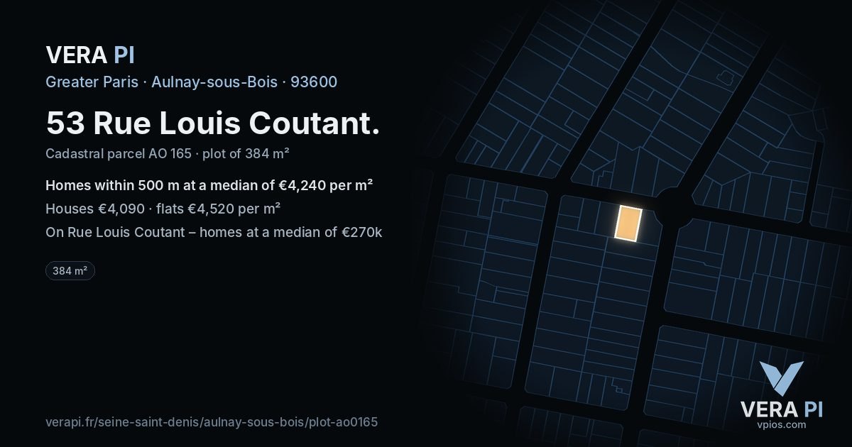 53 Rue Louis Coutant, Aulnay-sous-Bois at night – the plot lit, the parcels around coloured by the prices near them