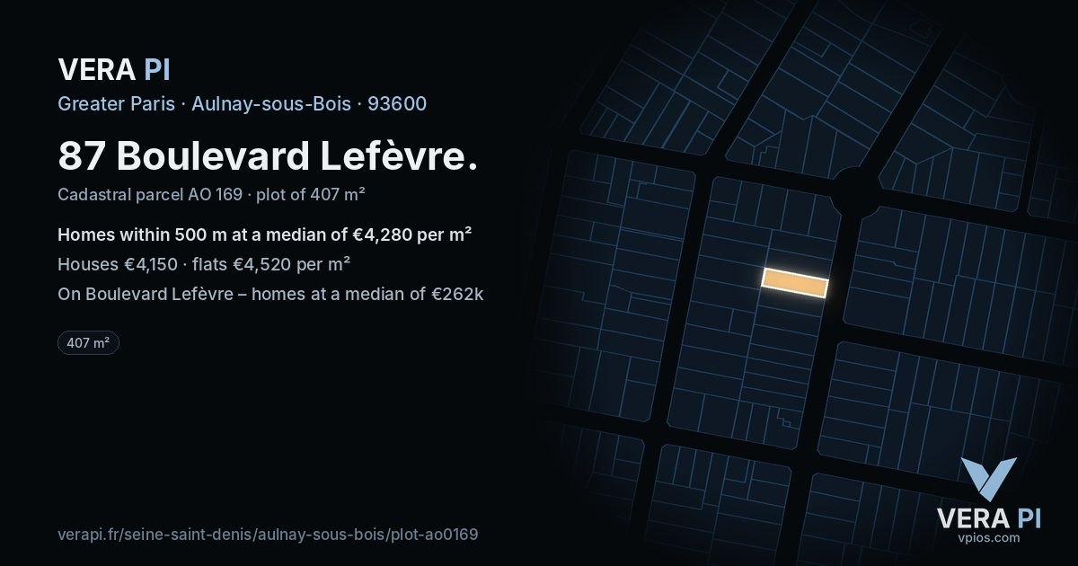 87 Boulevard Lefèvre, Aulnay-sous-Bois at night – the plot lit, the parcels around coloured by the prices near them