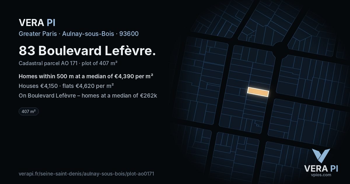 83 Boulevard Lefèvre, Aulnay-sous-Bois at night – the plot lit, the parcels around coloured by the prices near them