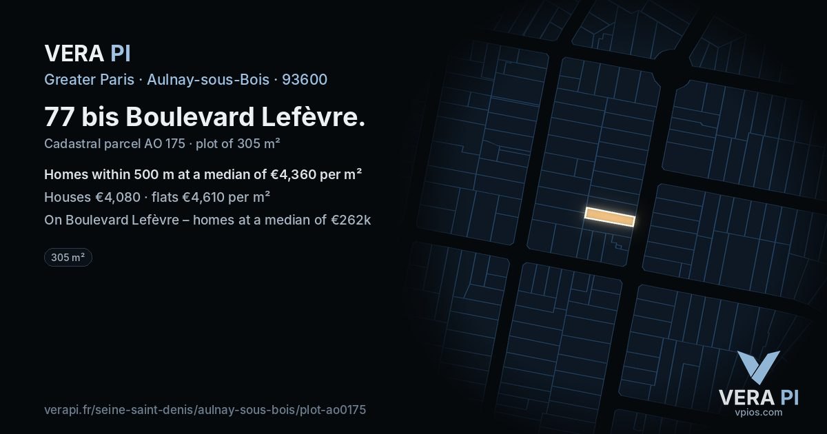 77 bis Boulevard Lefèvre, Aulnay-sous-Bois at night – the plot lit, the parcels around coloured by the prices near them