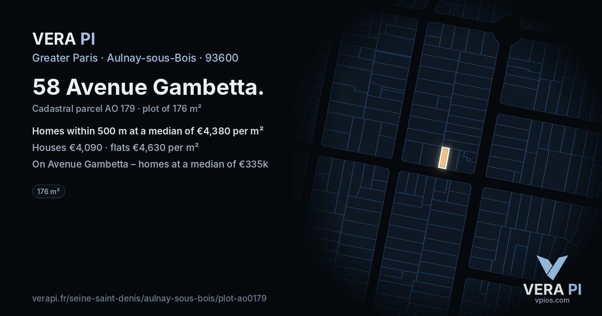58 Avenue Gambetta, Aulnay-sous-Bois at night – the plot lit, the parcels around coloured by the prices near them