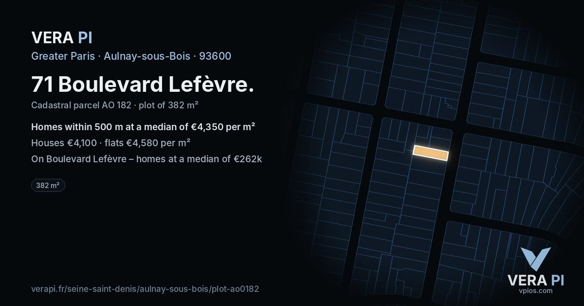 71 Boulevard Lefèvre, Aulnay-sous-Bois at night – the plot lit, the parcels around coloured by the prices near them