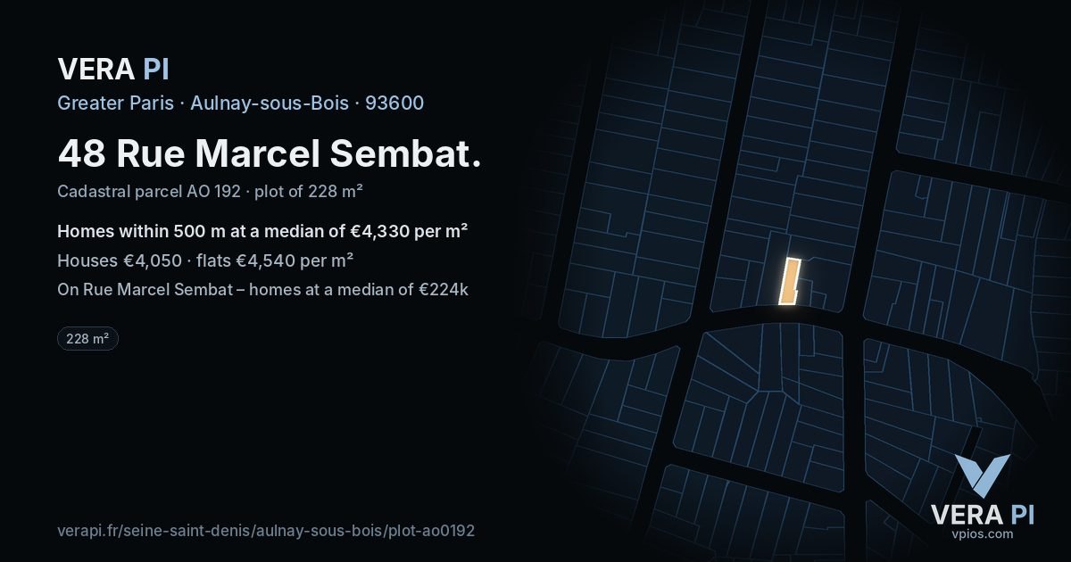 48 Rue Marcel Sembat, Aulnay-sous-Bois at night – the plot lit, the parcels around coloured by the prices near them