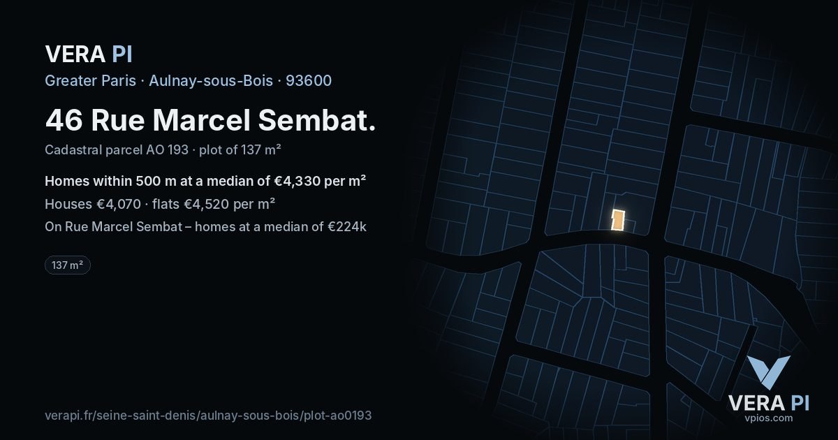 46 Rue Marcel Sembat, Aulnay-sous-Bois at night – the plot lit, the parcels around coloured by the prices near them