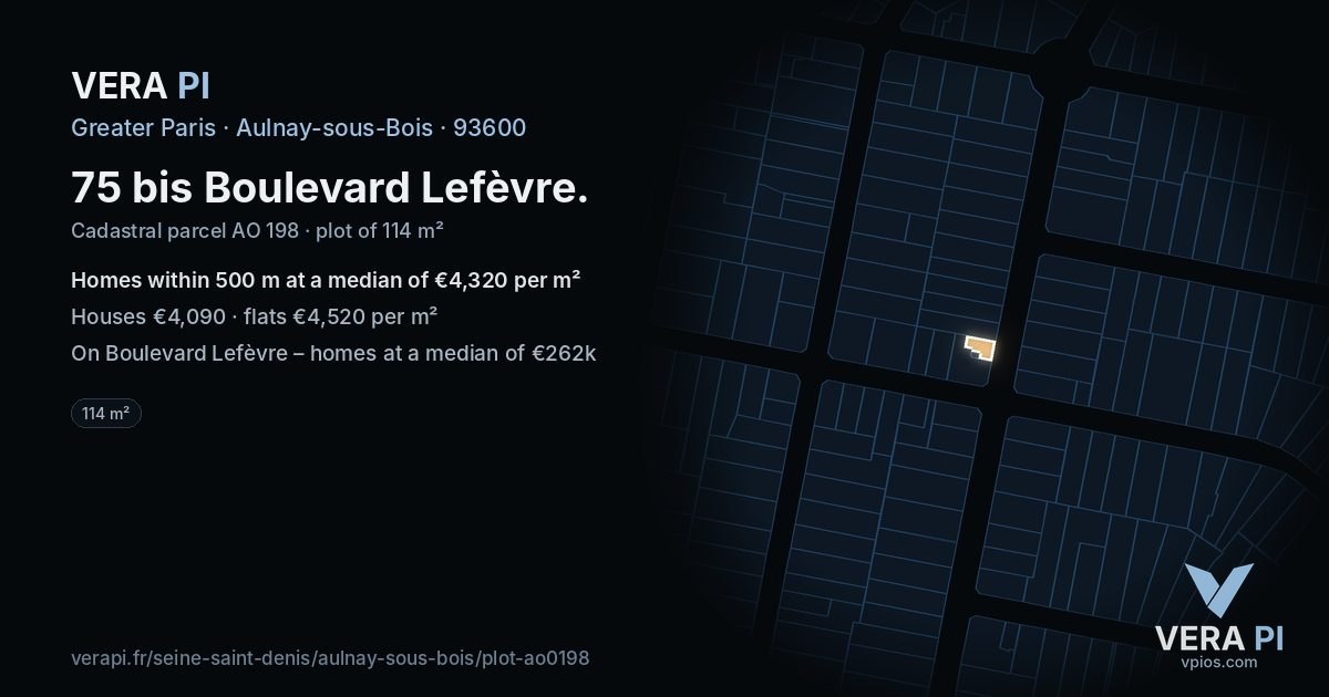 75 bis Boulevard Lefèvre, Aulnay-sous-Bois at night – the plot lit, the parcels around coloured by the prices near them