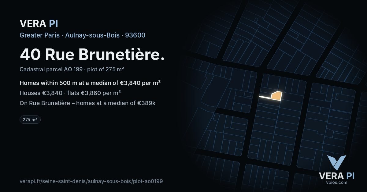 40 Rue Brunetière, Aulnay-sous-Bois at night – the plot lit, the parcels around coloured by the prices near them