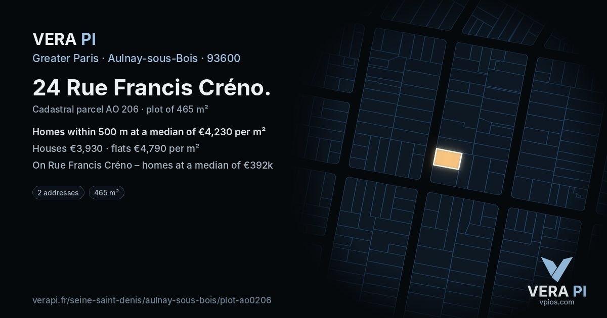 24 Rue Francis Créno, Aulnay-sous-Bois at night – the plot lit, the parcels around coloured by the prices near them