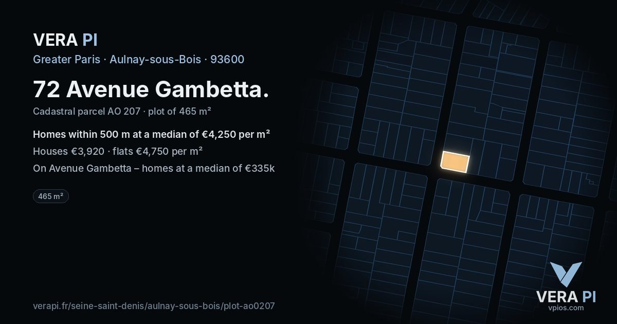 72 Avenue Gambetta, Aulnay-sous-Bois at night – the plot lit, the parcels around coloured by the prices near them