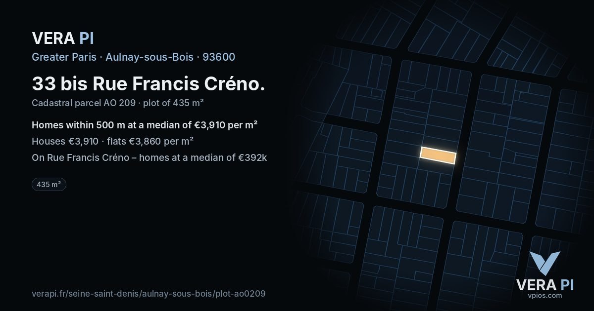 33 bis Rue Francis Créno, Aulnay-sous-Bois at night – the plot lit, the parcels around coloured by the prices near them