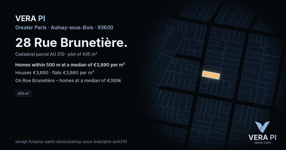 28 Rue Brunetière, Aulnay-sous-Bois at night – the plot lit, the parcels around coloured by the prices near them
