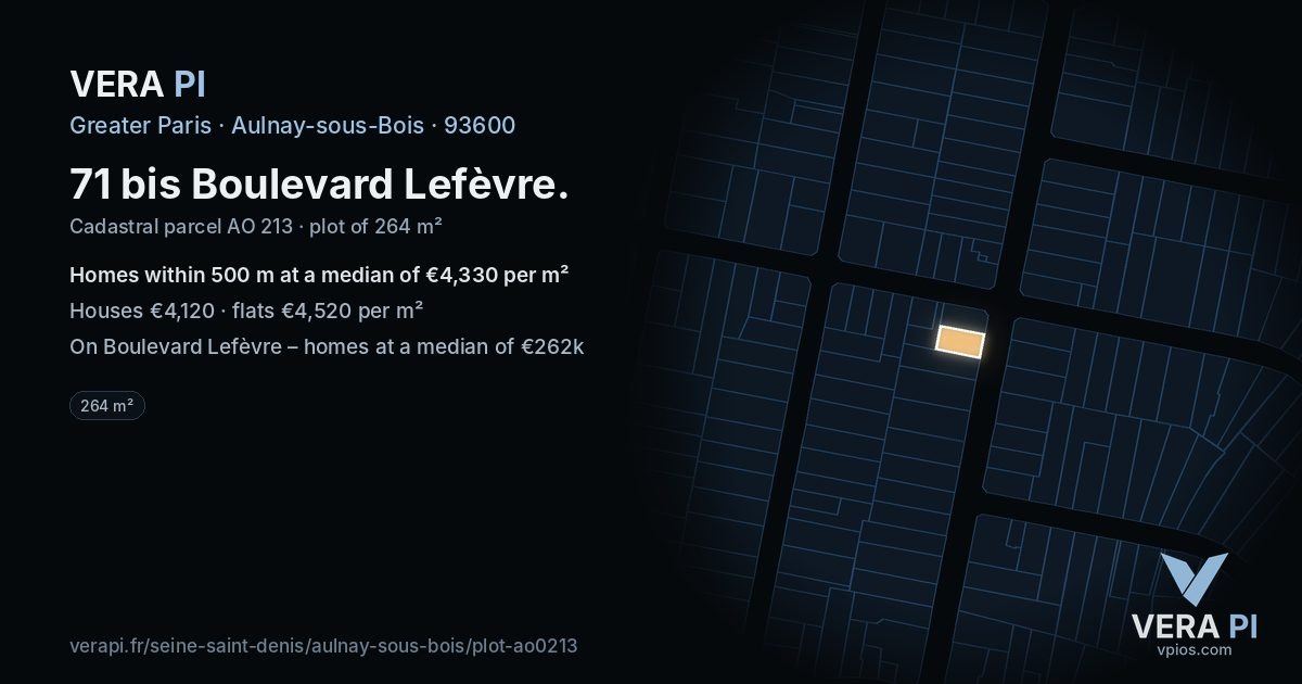 71 bis Boulevard Lefèvre, Aulnay-sous-Bois at night – the plot lit, the parcels around coloured by the prices near them