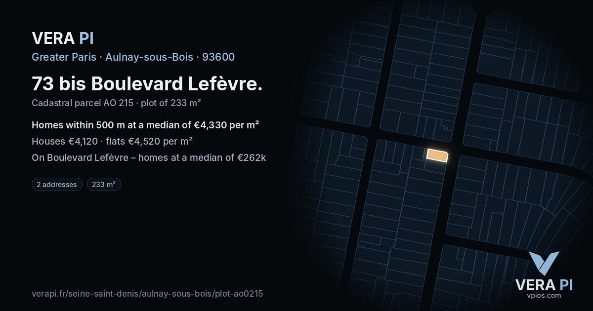 73 bis Boulevard Lefèvre, Aulnay-sous-Bois at night – the plot lit, the parcels around coloured by the prices near them