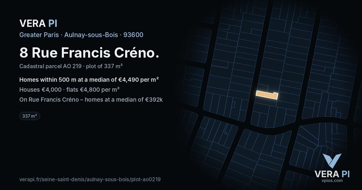 8 Rue Francis Créno, Aulnay-sous-Bois at night – the plot lit, the parcels around coloured by the prices near them