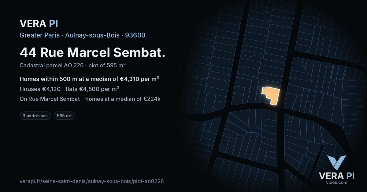 44 Rue Marcel Sembat, Aulnay-sous-Bois at night – the plot lit, the parcels around coloured by the prices near them