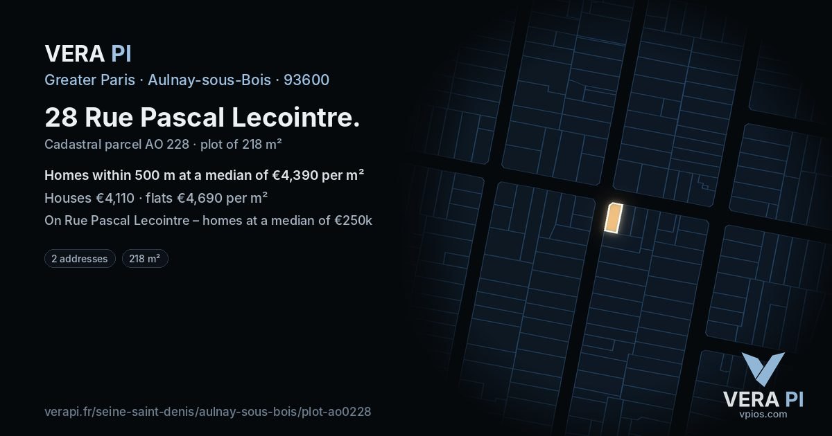 28 Rue Pascal Lecointre, Aulnay-sous-Bois at night – the plot lit, the parcels around coloured by the prices near them