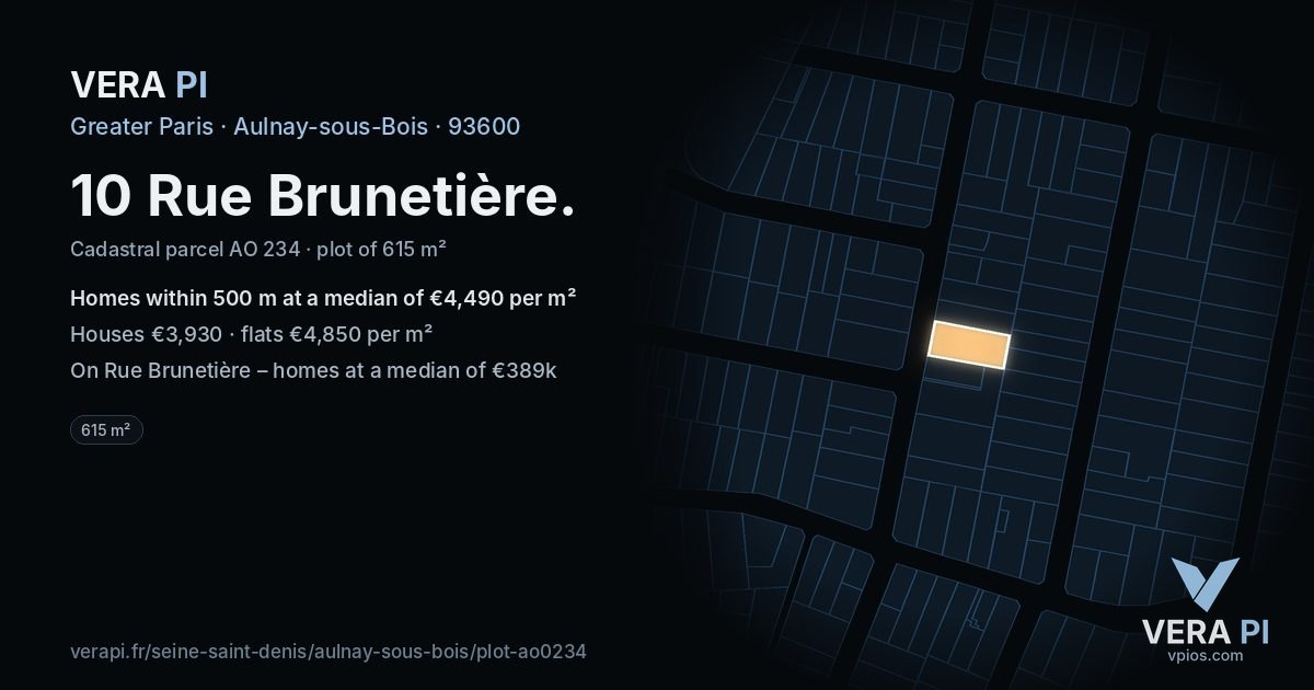 10 Rue Brunetière, Aulnay-sous-Bois at night – the plot lit, the parcels around coloured by the prices near them