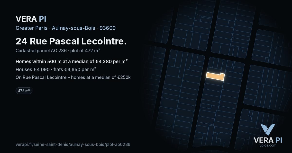 24 Rue Pascal Lecointre, Aulnay-sous-Bois at night – the plot lit, the parcels around coloured by the prices near them