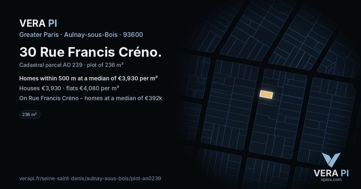 30 Rue Francis Créno, Aulnay-sous-Bois at night – the plot lit, the parcels around coloured by the prices near them