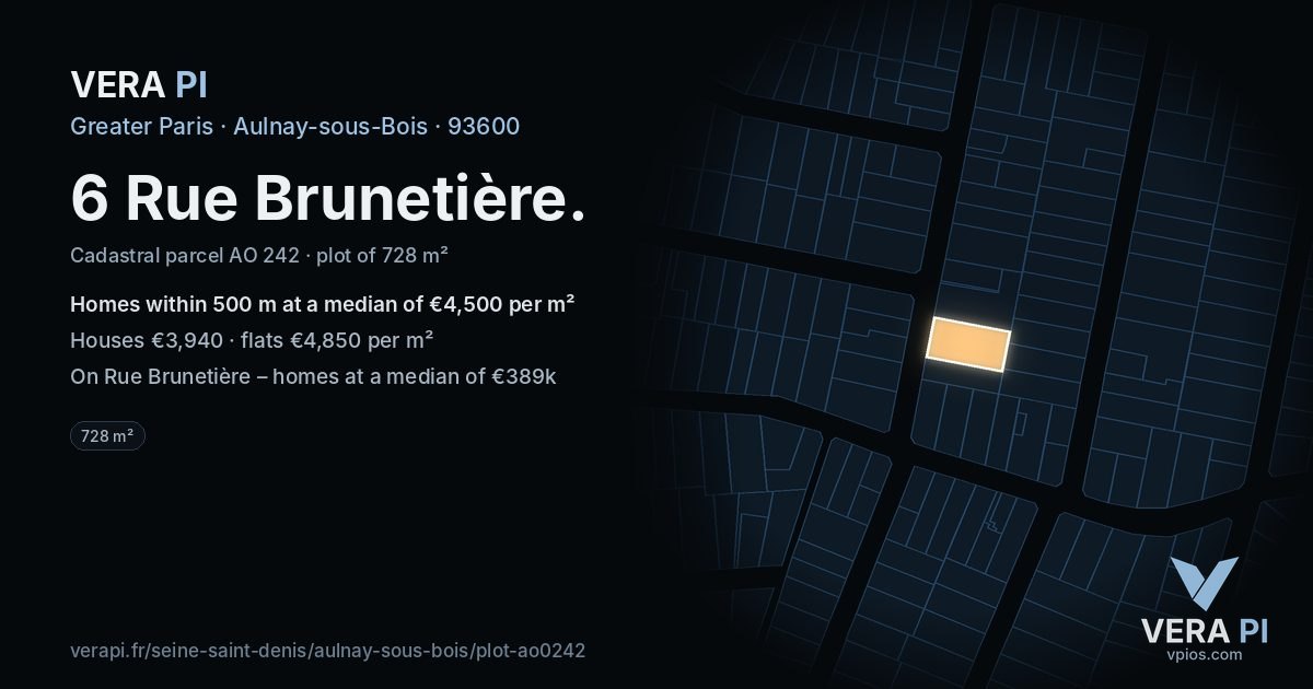 6 Rue Brunetière, Aulnay-sous-Bois at night – the plot lit, the parcels around coloured by the prices near them