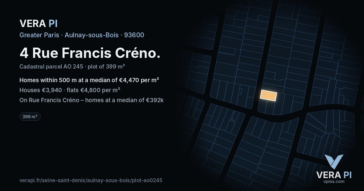4 Rue Francis Créno, Aulnay-sous-Bois at night – the plot lit, the parcels around coloured by the prices near them